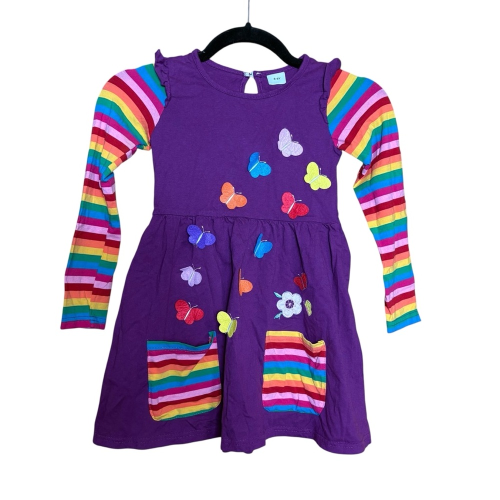 Cotton Colorful Butterfly Appliqué Rainbow Long Sleeve Girls Casual Dress 5-6y